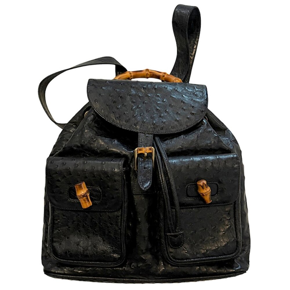 Vintage GUCCI Black Ostrich Skin Backpack Handbag with Bamboo Accents - Picture 11 of 15
